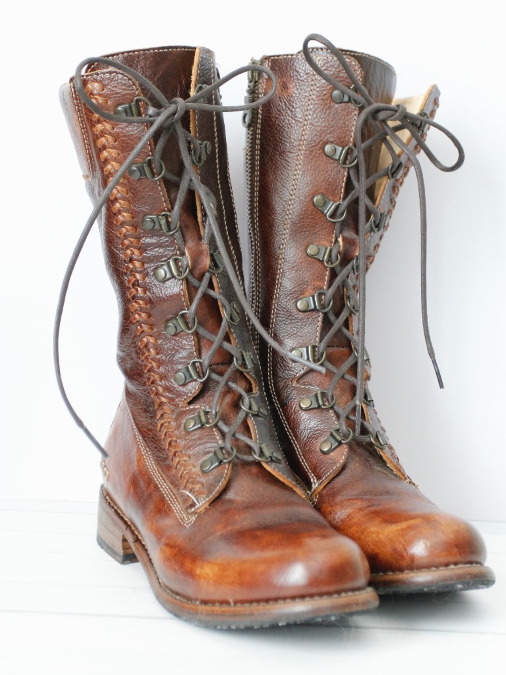 BedStü Women's Brown Leather Lace-Up Mid-Calf Boots